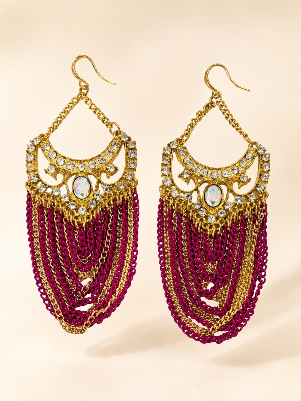 Amrita Singh Gold Tone & Fuchsia Chain Fringe Statement Earrings Boho Glam